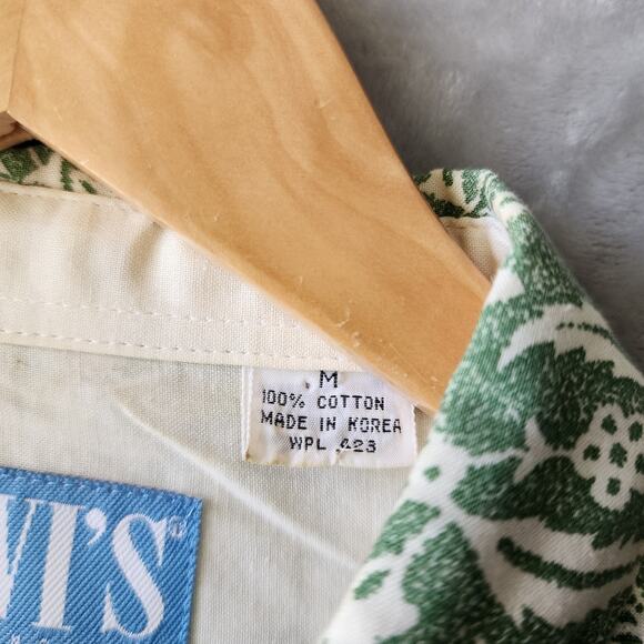 Vintage LEVIS Shirt Mens Medium Hawaiian Tiki Button Up Green White 1991 90's - Picture 4 of 8